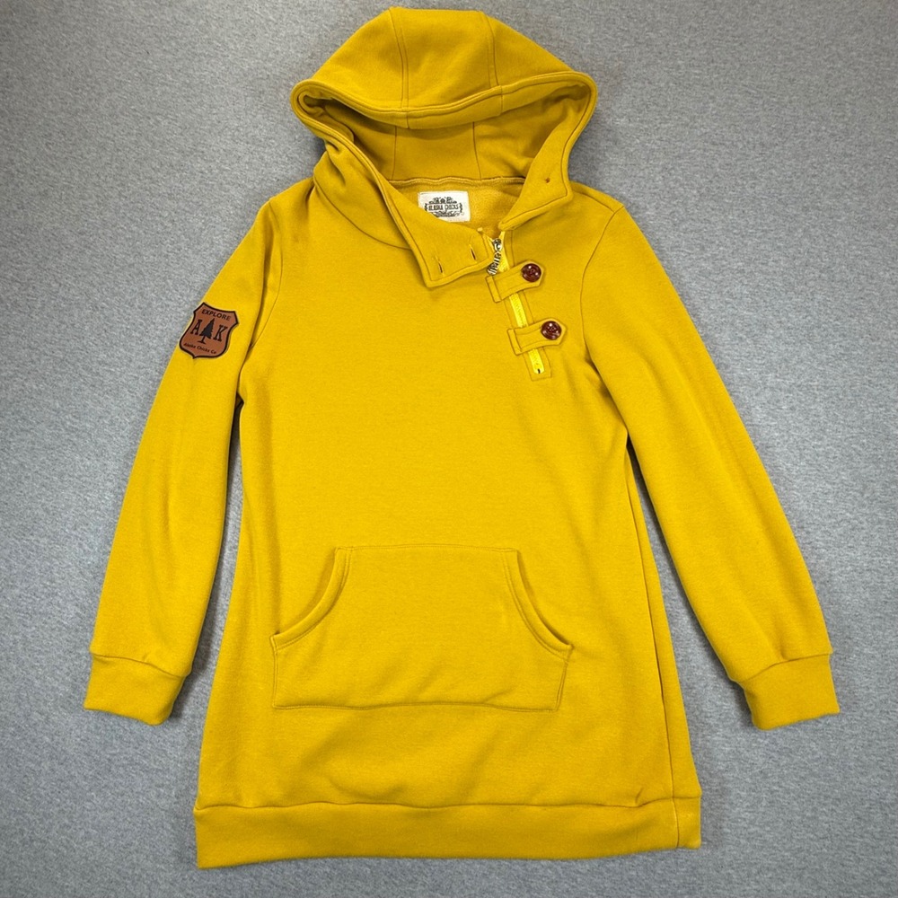 Alaska Chicks Co Womens Mustard Yellow Longline Asymmetrical Zip Hoodie Large